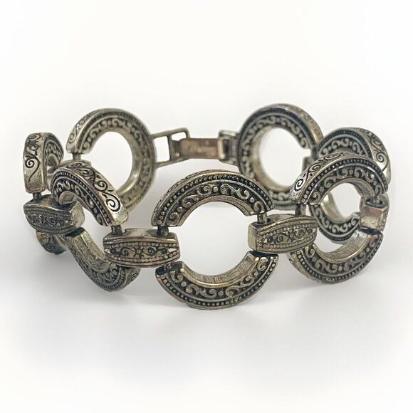 Vintage BRIGHTON Chunky Silver-Plated Southwestern Scrolled Circle Link Bracelet - Picture 1 of 4
